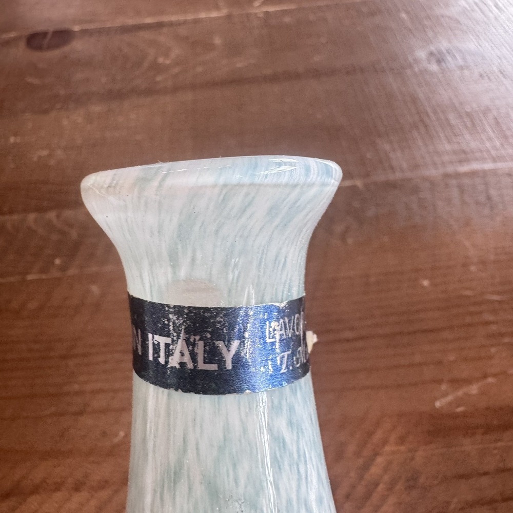 MURANO LAVORAZIONE ART GLASS BUD VASE SKY BLUE GREEN WHITE SWIRL PATTERN - Picture 2 of 12